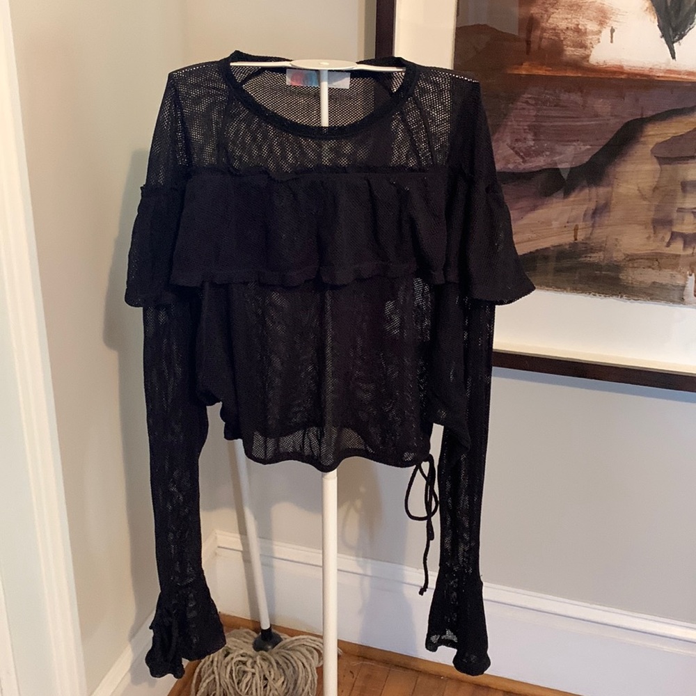 Free people beach mesh bell sleeve tie waist top. NWOT